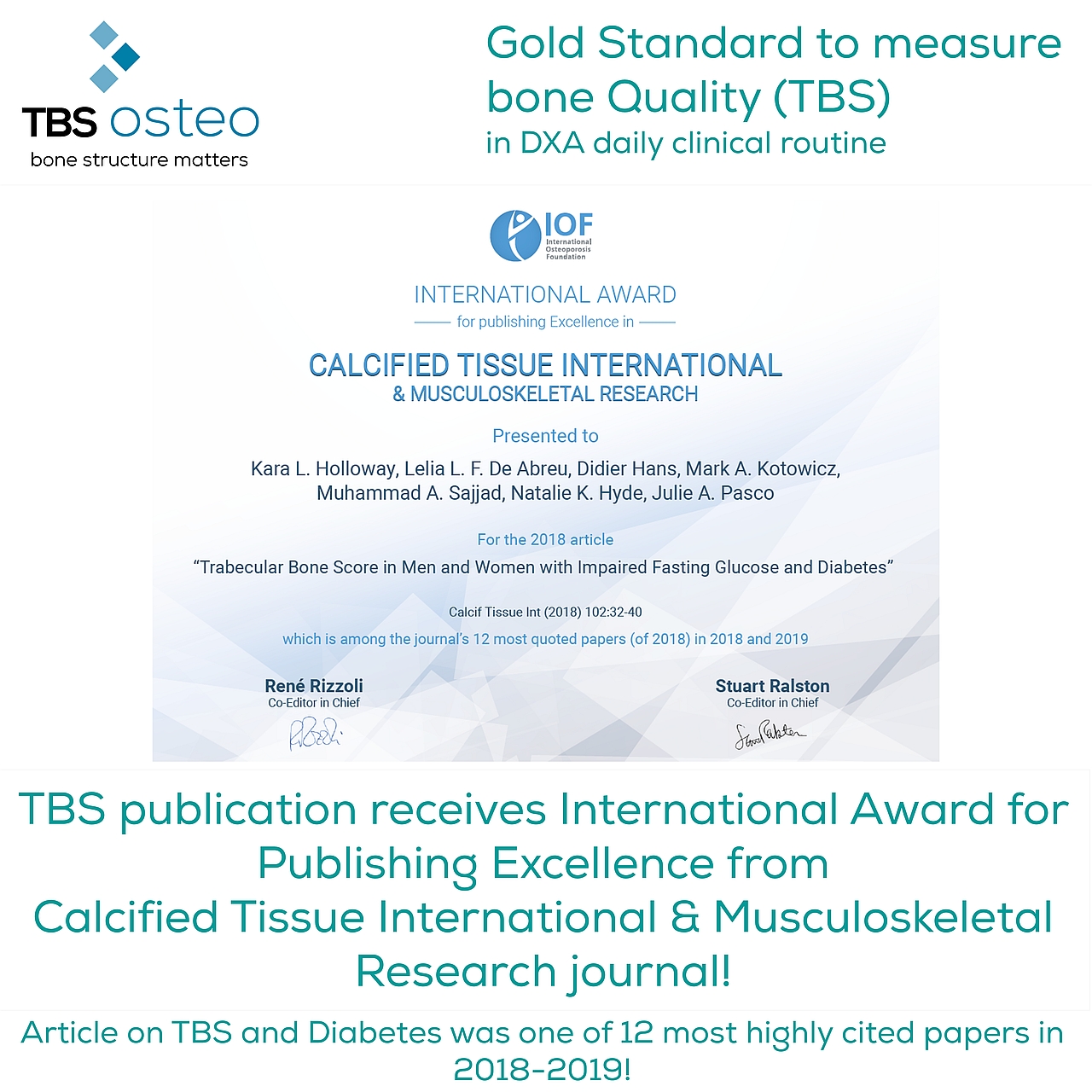 TBS publication receives International Award for Publishing Excellence from Calcified Tissue International & Musculoskeletal Research